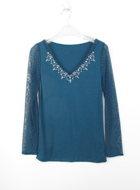 欧系列专柜正品性感网纱拼接透视V领亮片打底衫春秋秋衣女OC70137