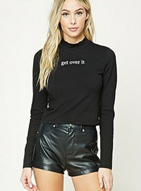 F21专柜正品B-9-8-2-3半高领长袖棉质短T恤女 219611