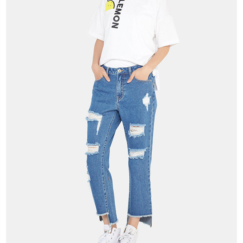 艾格伊品专柜正品D-5-8-1-1中腰破洞微喇叭九分牛仔裤女8A0323021