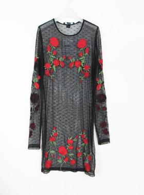F21专柜正品休闲性感重工刺绣透视长袖连衣裙223212须配打底