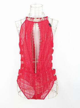 艾格淘特性感挂脖侧镂空透视深V领蕾丝开档摁扣连衣裤女8A0725001