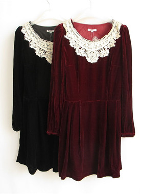 好俪姿honeys专柜正品淑女蕾丝金丝绒圆领春秋冬连衣裙 851511170