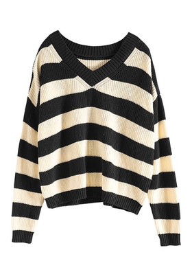 Mixblu麦斯兰专柜正品休闲条纹V领宽松套头毛衣针织衫女 BXB61601