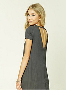 F21正品A-16-10-1-2露背短袖竖纹显瘦连衣裙207106