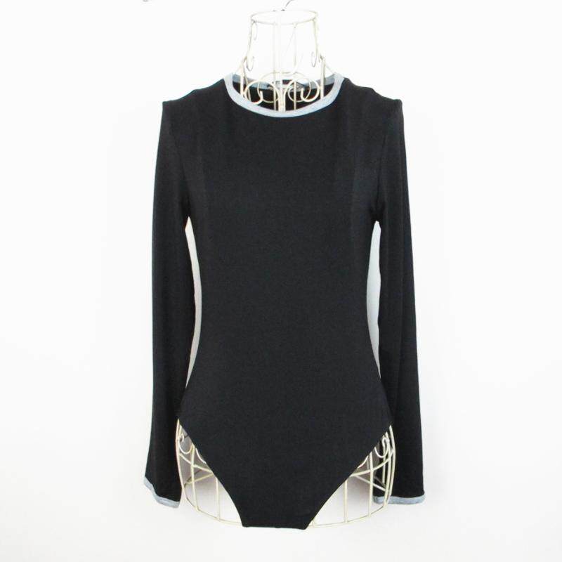 圆领长袖开档摁扣连体衣女T恤