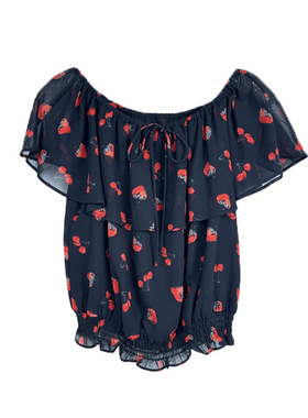 拉系列专柜正品可爱草莓印花一字领短袖短款雪纺衬衫女夏1T001612