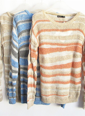 好俪姿honeys专柜正品休闲圆领条纹春秋薄毛衣针织衫女 852311067