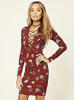 F21专柜正品国潮深V领绑带印花长袖修身短裙连衣裙春秋234195