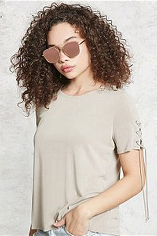 F21系列专柜正品B-3-4-2-3圆领短袖绑带纯色T恤女 092459