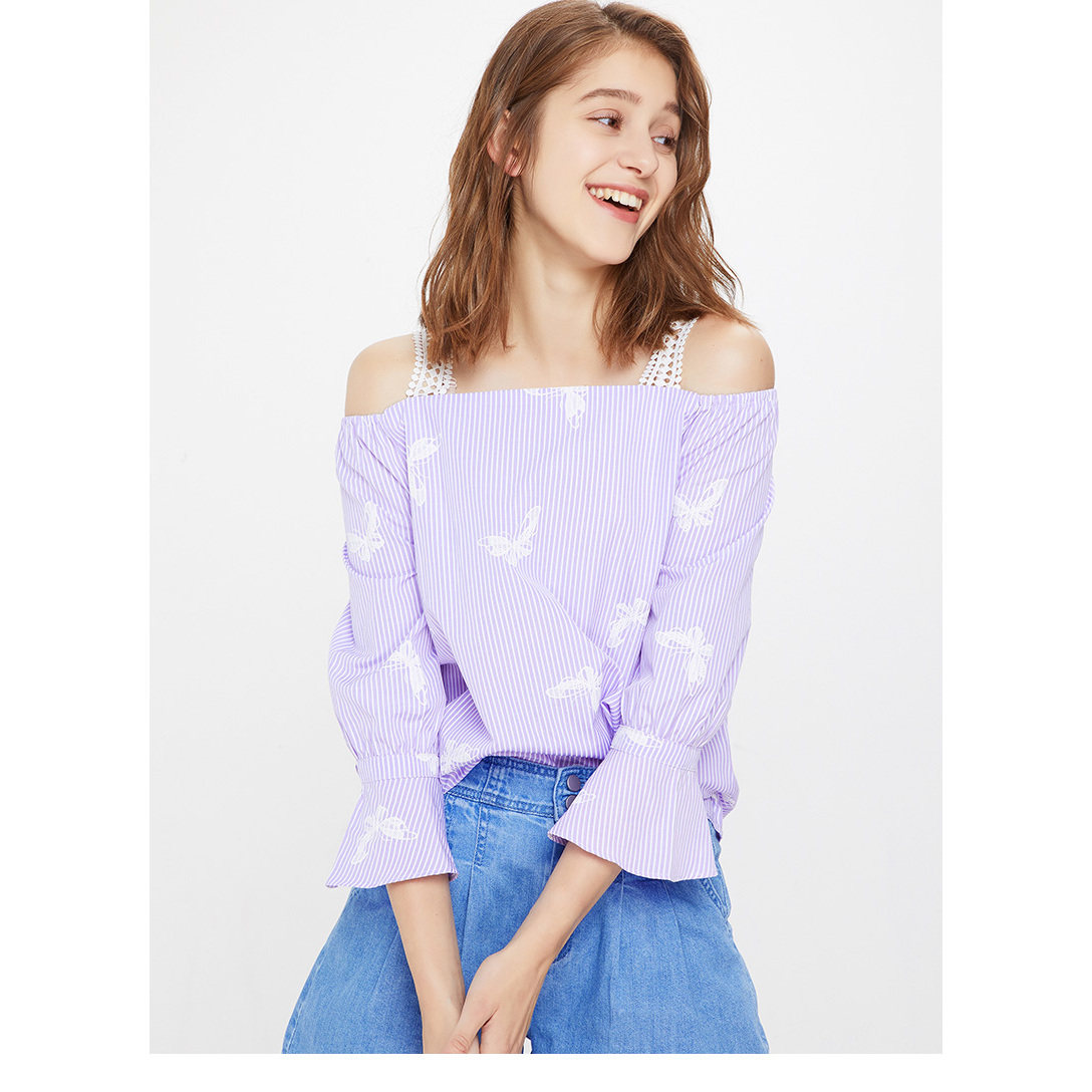 包邮cache正品多巴胺少女蕾丝肩带露肩春秋夏长袖衬衫 9416009
