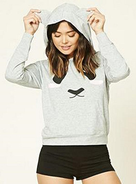 F21系列专柜正品减龄可爱连帽萌耳朵直筒春秋冬卫衣女外套 215689