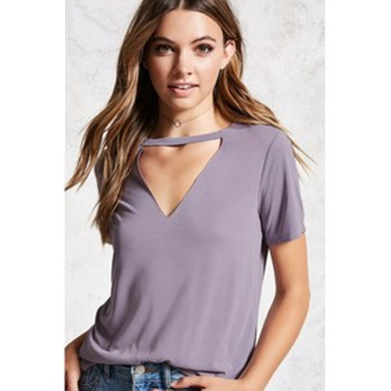 F21正品时尚纯色项链领短袖夏女T恤139516