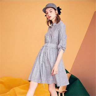 拉系列女装正品小清新翻领条纹高腰中性A字连衣裙夏 20012490