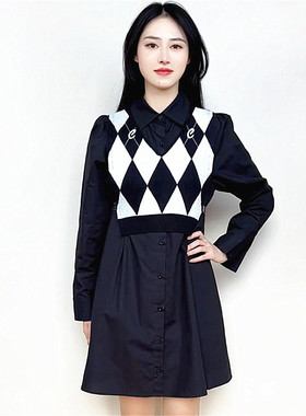 cache专柜正品学院风假两件收腰衬衫裙春秋长袖连衣裙22509030002
