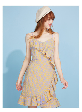 包邮cache专柜正品甜美复古格子吊带荷叶边棉质连衣裙春夏2377014