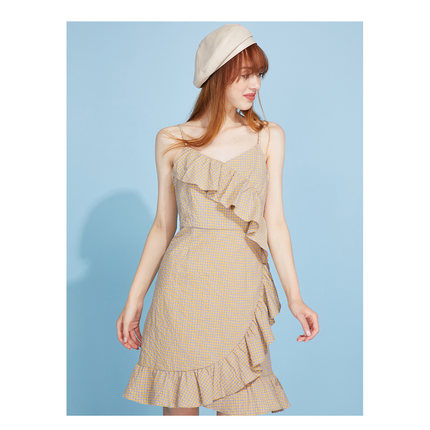 包邮cache专柜正品甜美复古格子吊带荷叶边棉质连衣裙春夏2377014