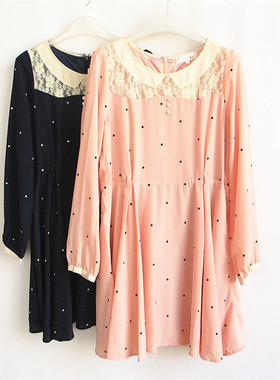 好俪姿honeys正品A-10-10-1-1拼接波点雪纺长袖连衣裙 569517192