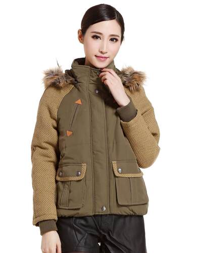 艾格伊品森女拼接毛呢双袋棉服