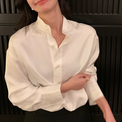 富家法式立领长袖白色衬衫女2024春秋新款设计感衬衣套头别致上衣