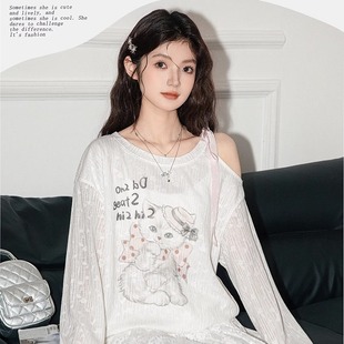 chic 白色露肩猫咪T恤女2025春印花宽松长袖 罩衫 防晒上衣薄款 韩版