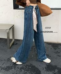 卓姗6994丝带装饰加绒牛仔直筒裤女高腰深蓝黑色阔腿保暖裤