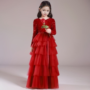 女童加肥加大码红色亮片礼服公主裙生日走秀黑色蛋糕裙钢琴演出服