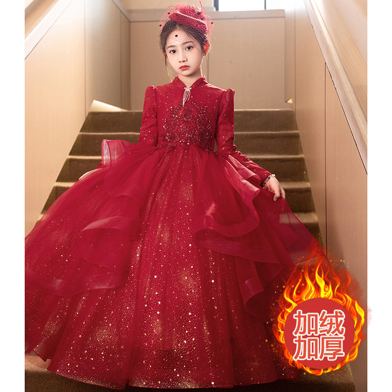 大码长袖加厚红色礼服秋冬公主裙婚纱节日蓬蓬纱主持人钢琴演出服