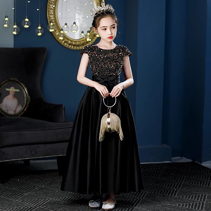 大码胖女孩晚礼服黑色亮片花童婚纱生日宴会主持人走秀钢琴演出服