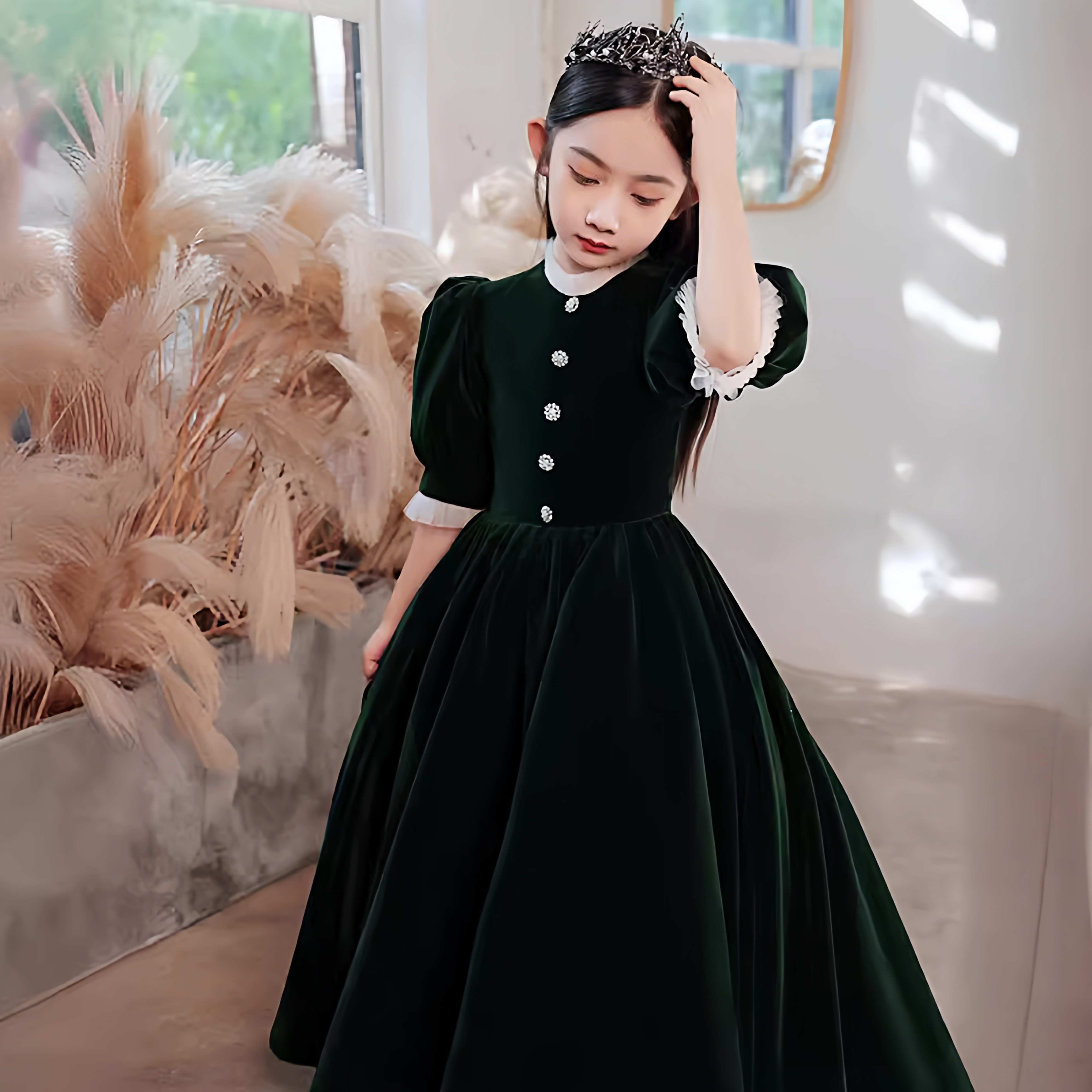 大码礼服新款公主裙蕾丝生日墨绿长款小女孩蓬蓬纱钢琴演出晚礼服