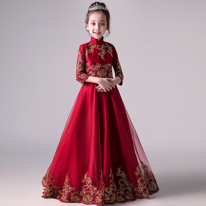 大码红色礼服公主裙女大童蓬蓬纱花童钢琴演出服小主持人生日派对