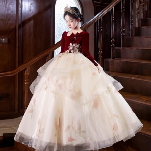 大码红色礼服2025秋冬钢琴演出服女童生日宴会公主裙小提琴演奏服