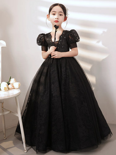 女大童加肥大码黑色礼服公主裙婚纱蓬蓬纱花童生日主持钢琴演出服