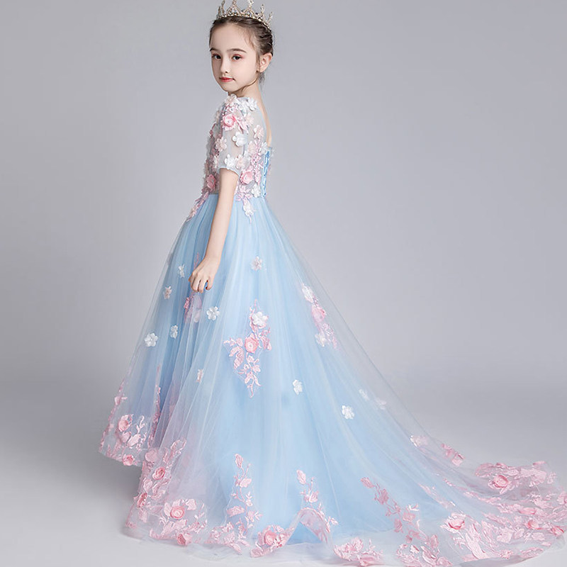 女童礼服裙高端模特走秀潮服儿童时尚主持人演出服洋气拖尾蓬蓬裙