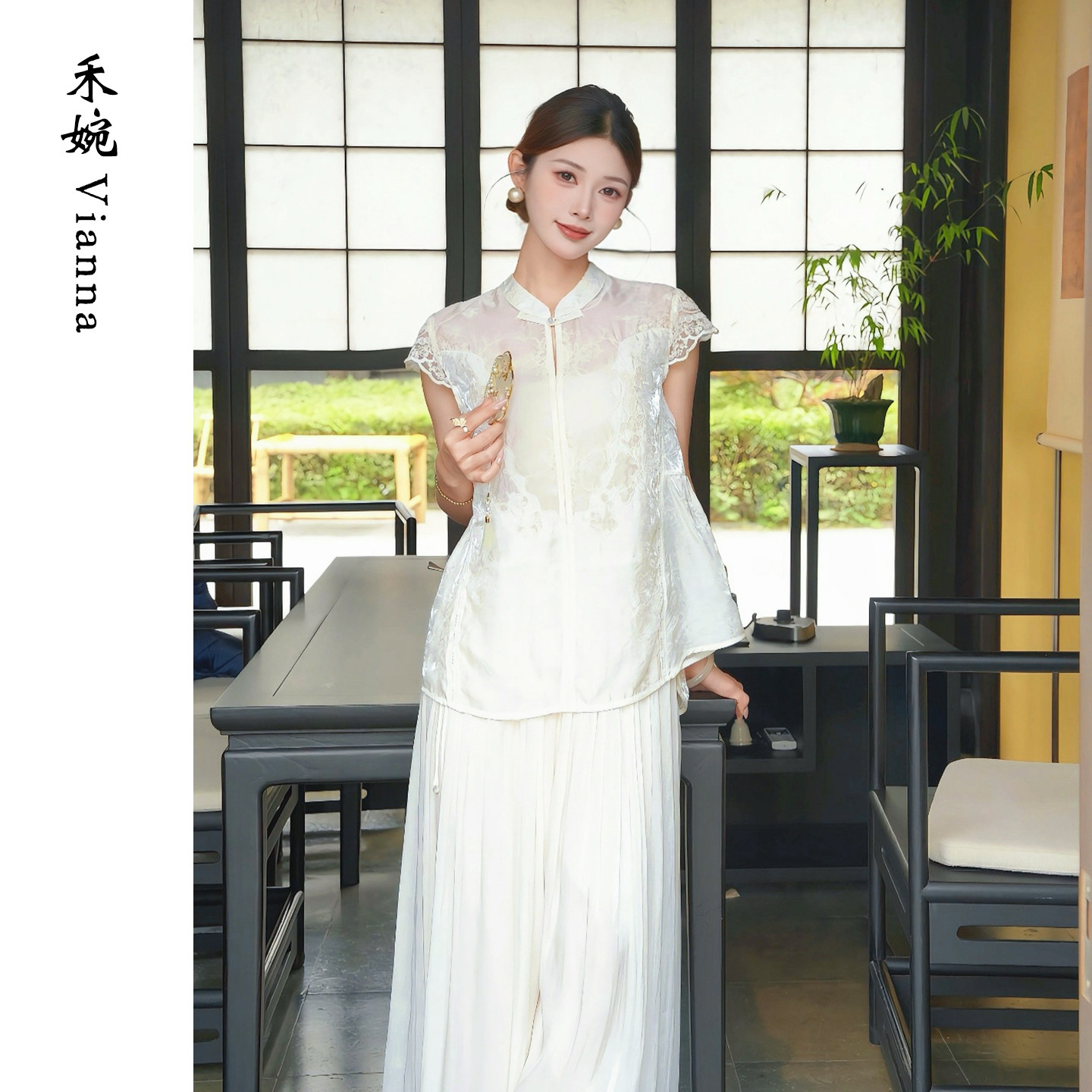禾婉【白玉兰】人丝坎肩衬衫女2026新款蕾丝绣花法式小飞袖上衣
