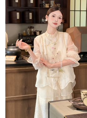 禾婉【逐玉】新中式刺绣马甲女款2026新款桑蚕丝金线滚边上衣