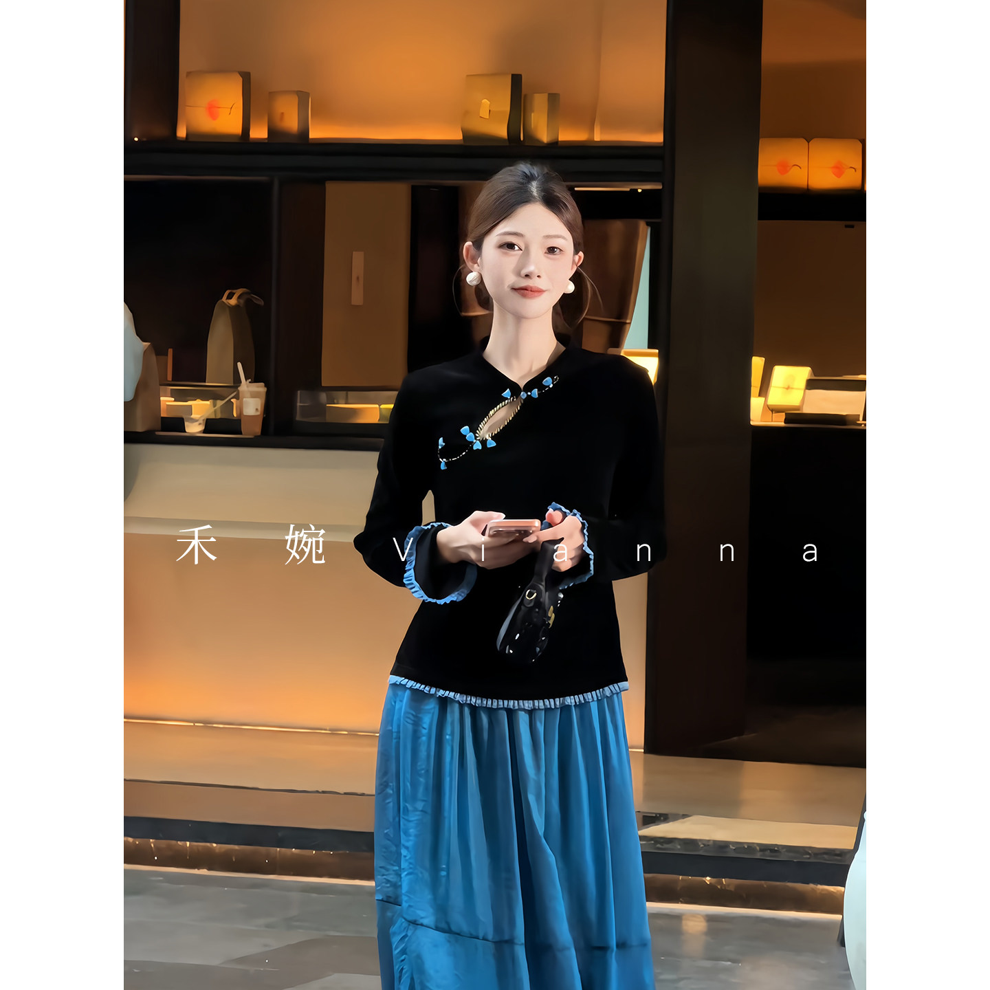 禾婉【彩贝铃兰】奢贵亲肤感老钱复古花边喇叭袖新中式打底衫