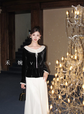 禾婉【夜绒蕾丝】2026秋款重工蕾丝圆领花瓣袖轻奢丝绒上衣打底衫
