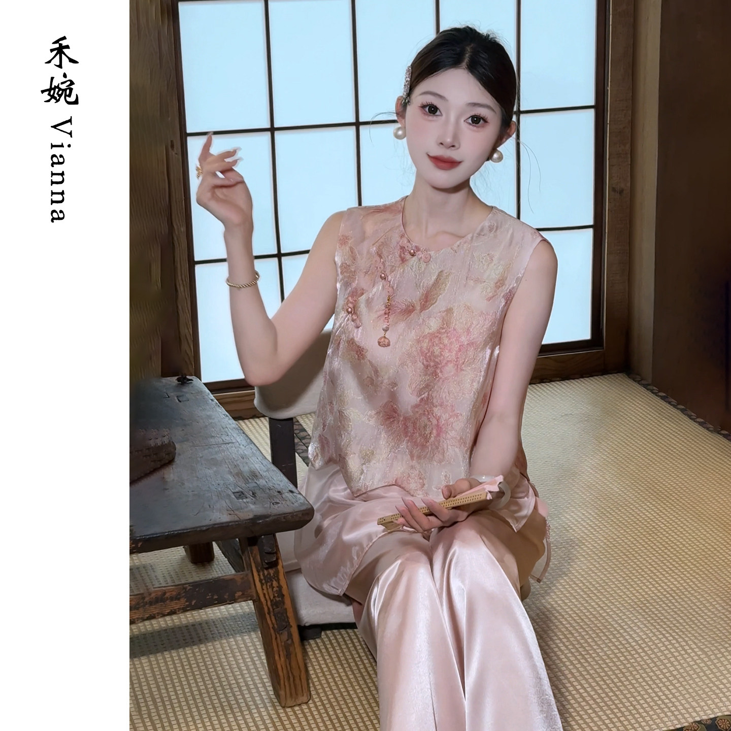 禾婉【春知晓梦】新中式满幅牡丹提花马甲女2026夏扇贝边流苏上衣