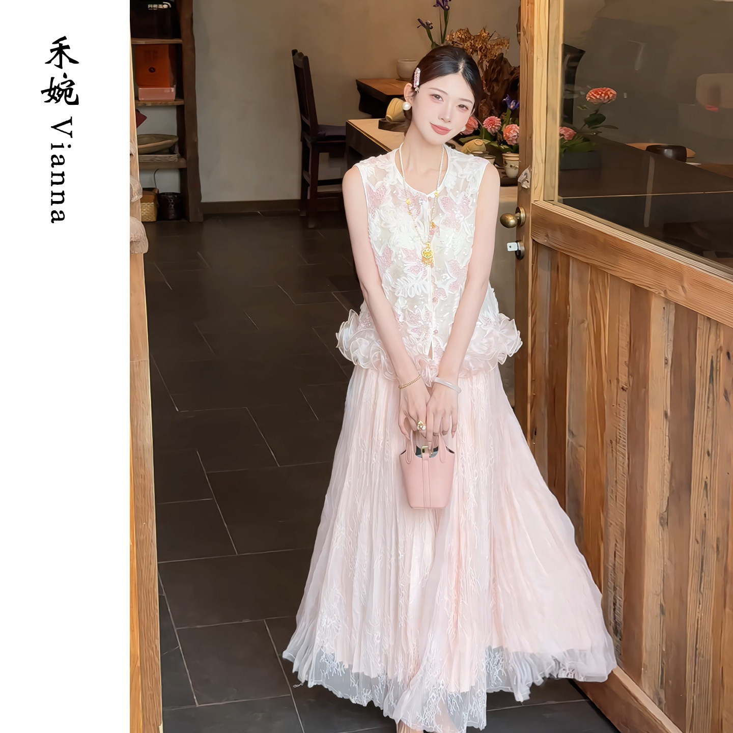 禾婉【梦幻仙踪】新中式度假风超仙长裙女纯色A字百褶半身裙夏