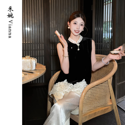 100桑蚕丝新中式真丝丝绒马甲女
