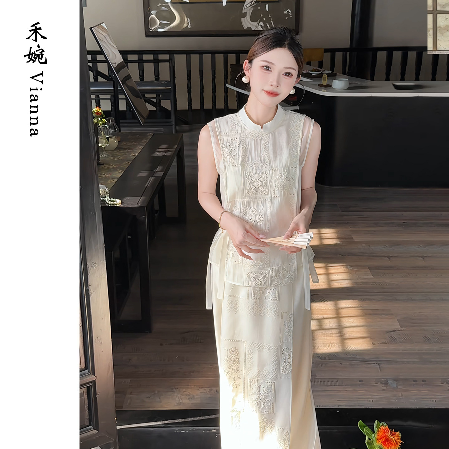 禾婉【轻云蔽月】新中式人棉刺绣套装女收腰系带马甲马面裙两件套