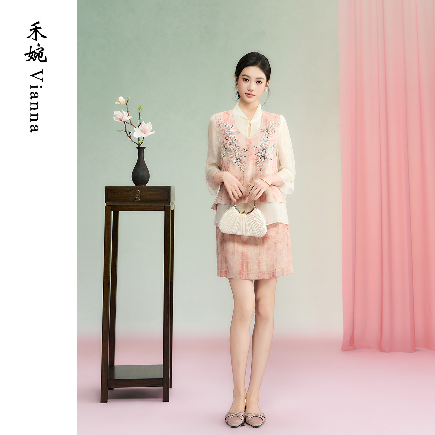 【玉琉璃】新中式桑蚕丝珠绣提花套装女重磅人丝上衣+半裙两件套