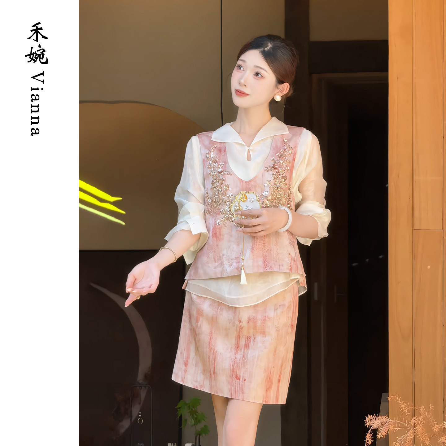 【玉琉璃】新中式桑蚕丝珠绣提花套装女重磅人丝上衣+半裙两件套