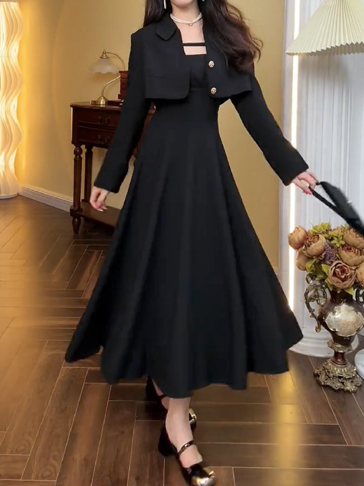 키가 큰 프랑스 부자 딸 샤오샹 스타일의 고급 가을 겨울 투피스 세트 스커트와 여분의 길이