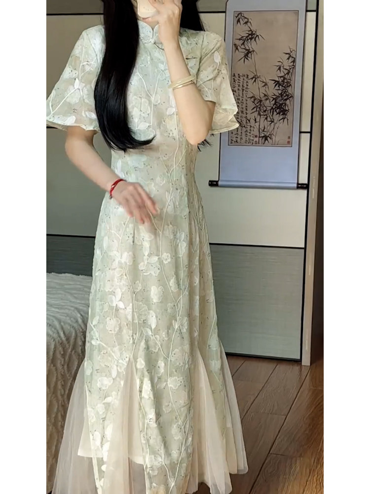 高个子加长版新中式改良古法曳地鱼尾旗袍裙高级感超长到脚踝175