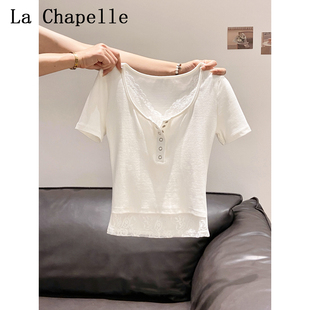 短款 拉夏贝尔白色蕾丝短袖 拼接假两件修身 新款 上衣 T恤女2026夏季