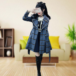 秋 韩版 蓝色格子须边毛呢外套女新款 流苏格纹英伦呢子大衣女修身