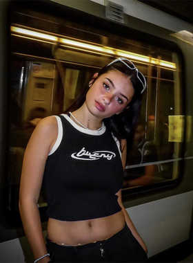 Tweny8欧美基础字母印花包边撞色无袖背心 辣妹显瘦短裤两件套