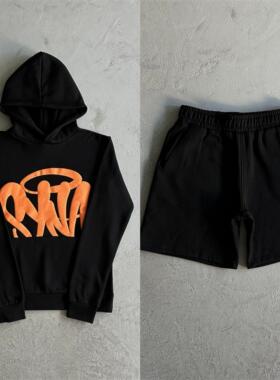SYNA新款时尚涂鸦徽标长袖卫衣短裤运动时尚套装宽松美式休闲街头