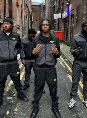 SYNA秋冬新款街头嘻哈男女压胶梭织套装蓝标拼色立领夹克外套长裤